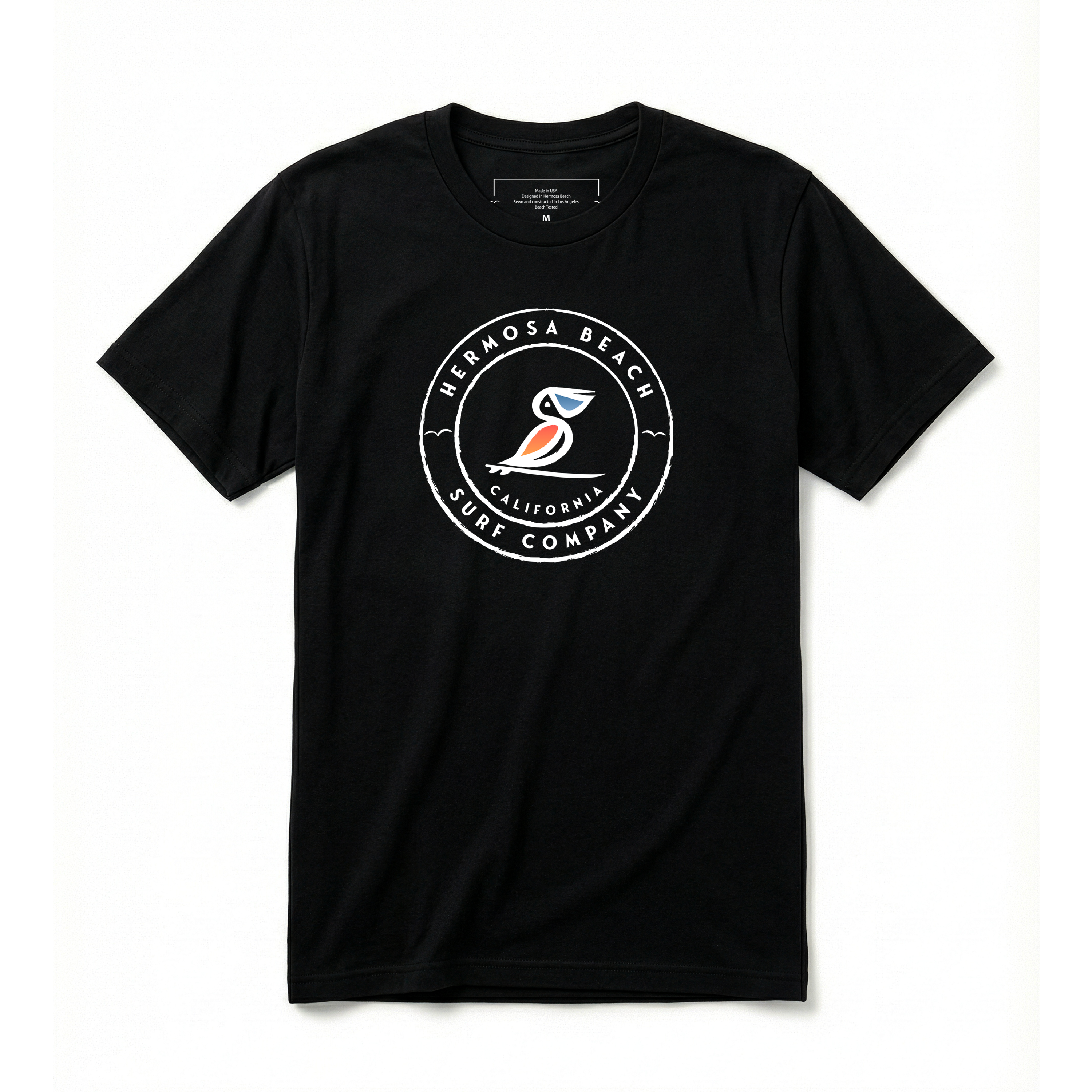Black t-shirt with a logo on a white background