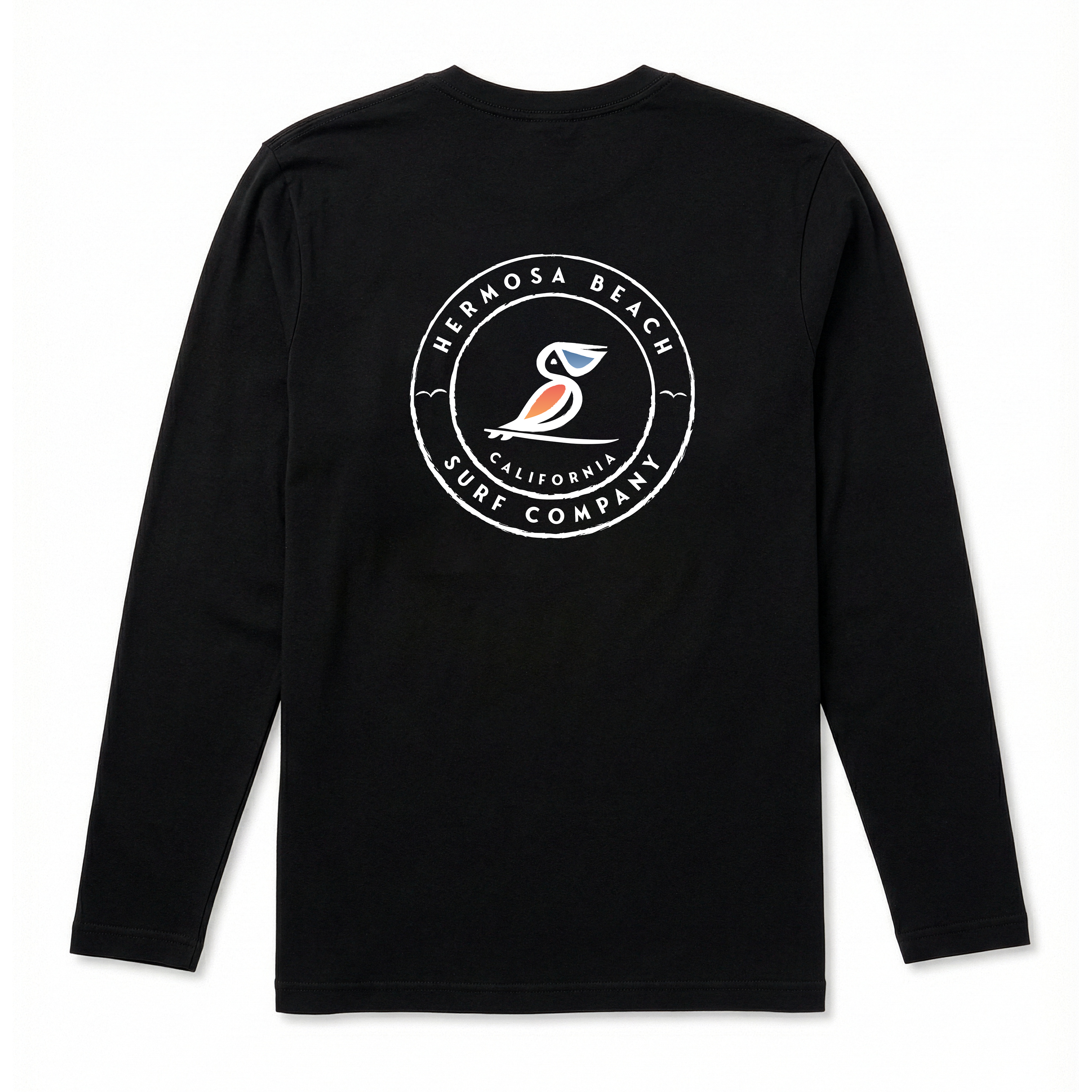 Black long-sleeve shirt with a logo on the back against a white background