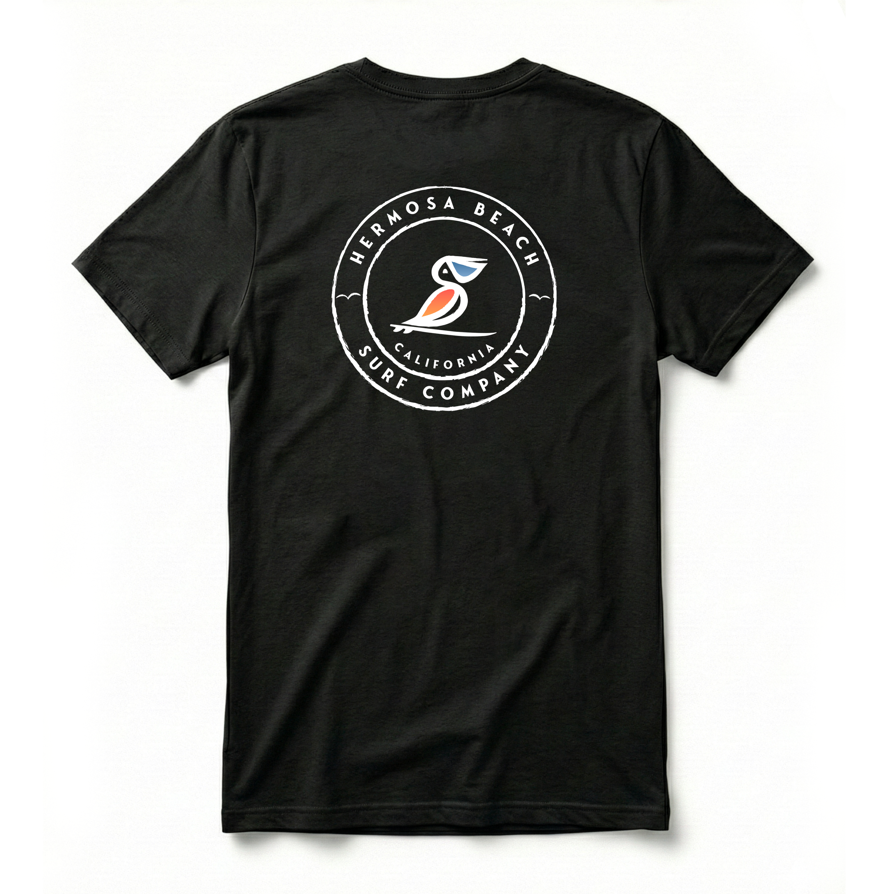 Black t-shirt with a logo on the back against a white background