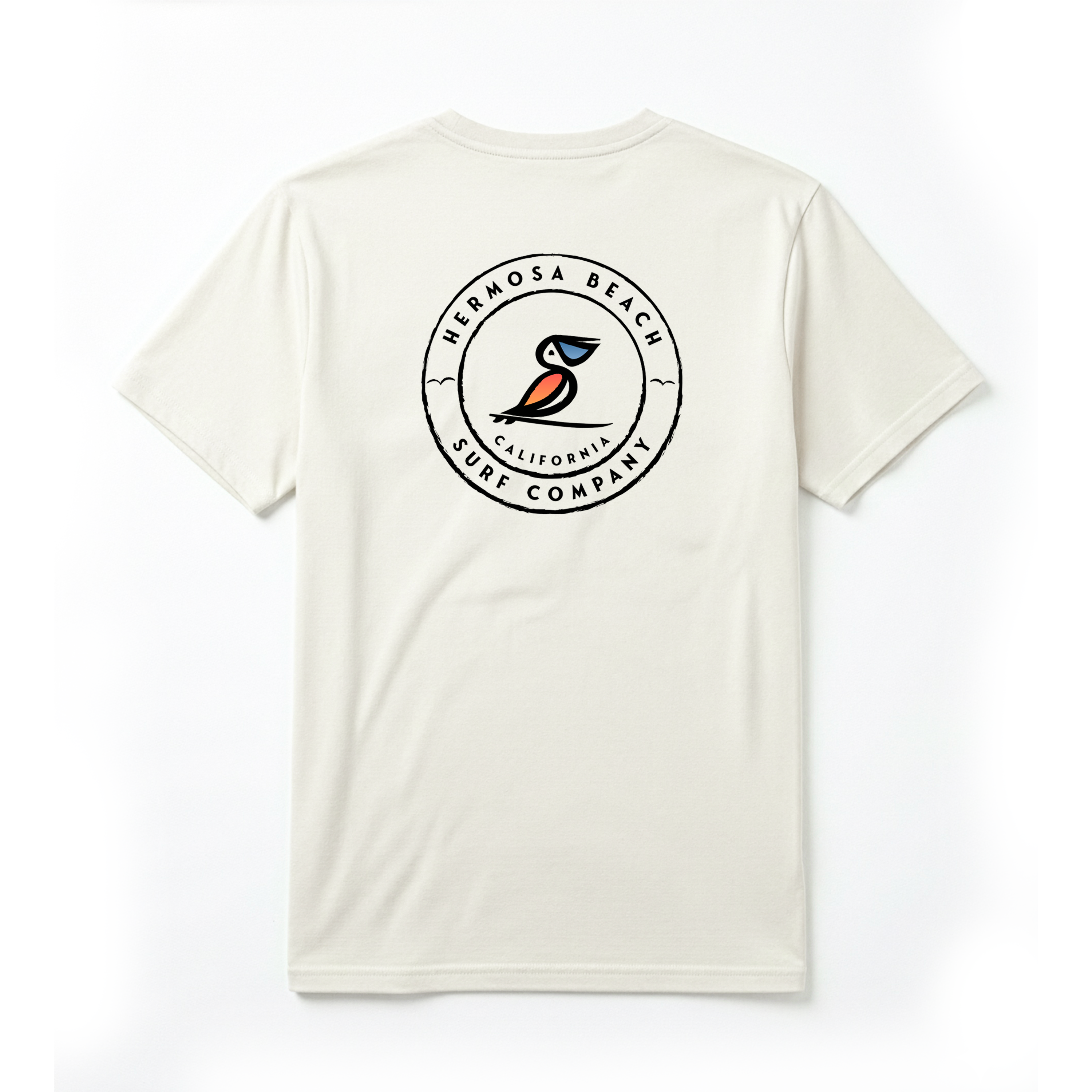 Cream t-shirt with a logo on the back on a white background