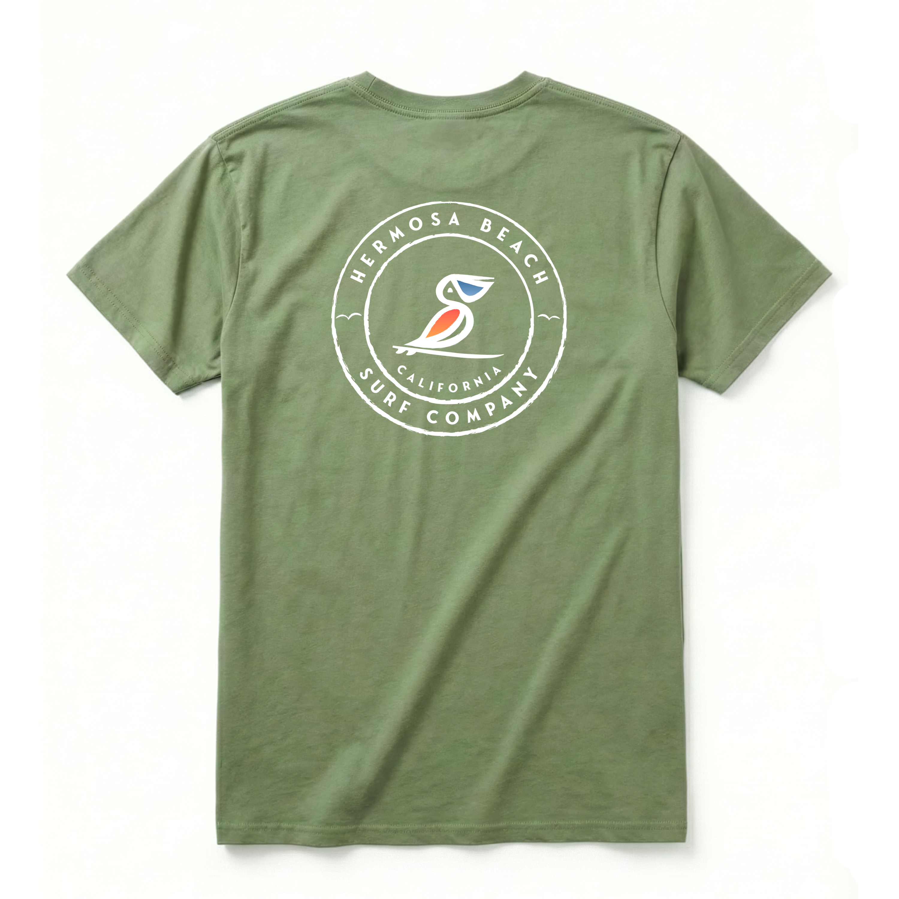 Olive Green t-shirt with a logo on the back on a white background
