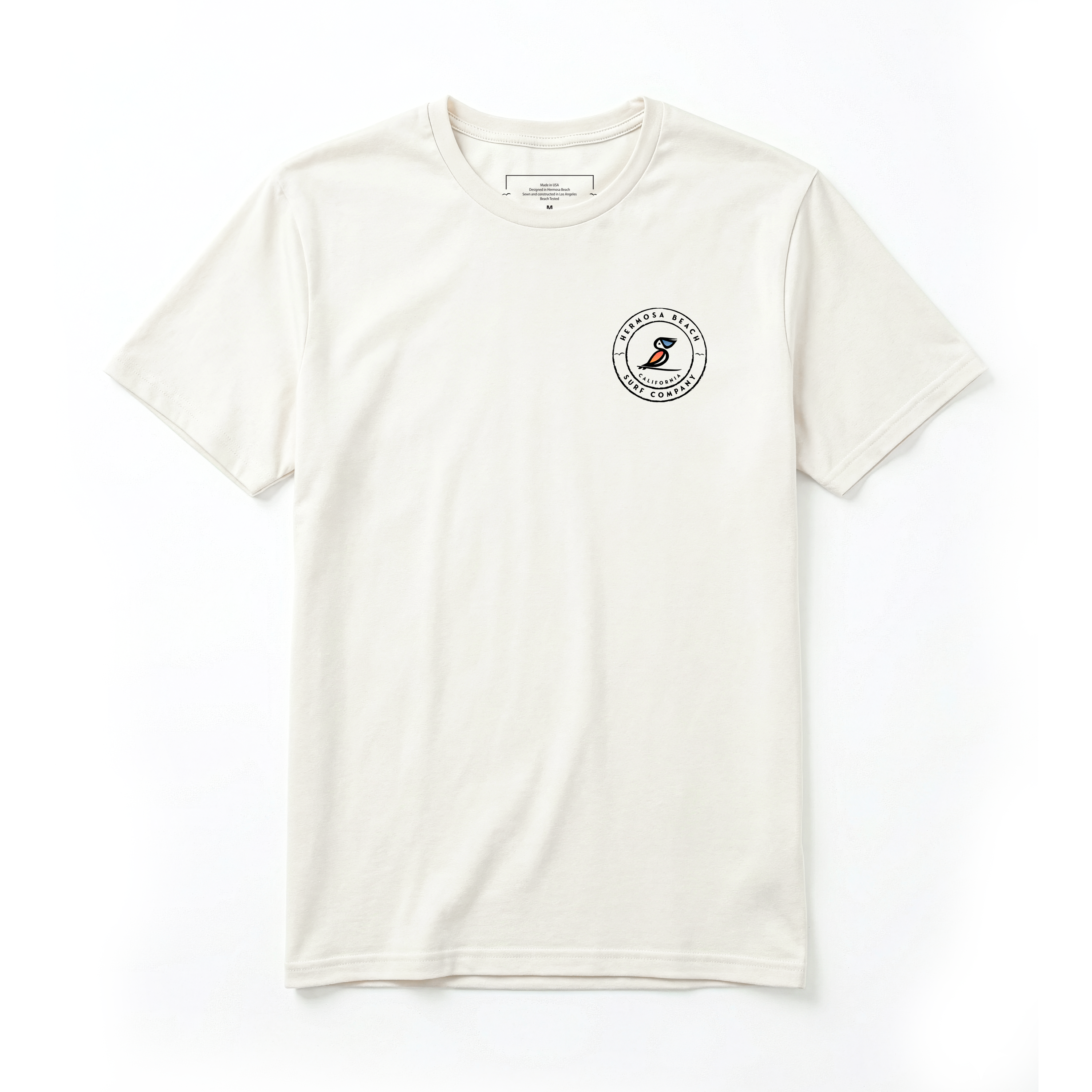 Cream t-shirt with a logo on a white background