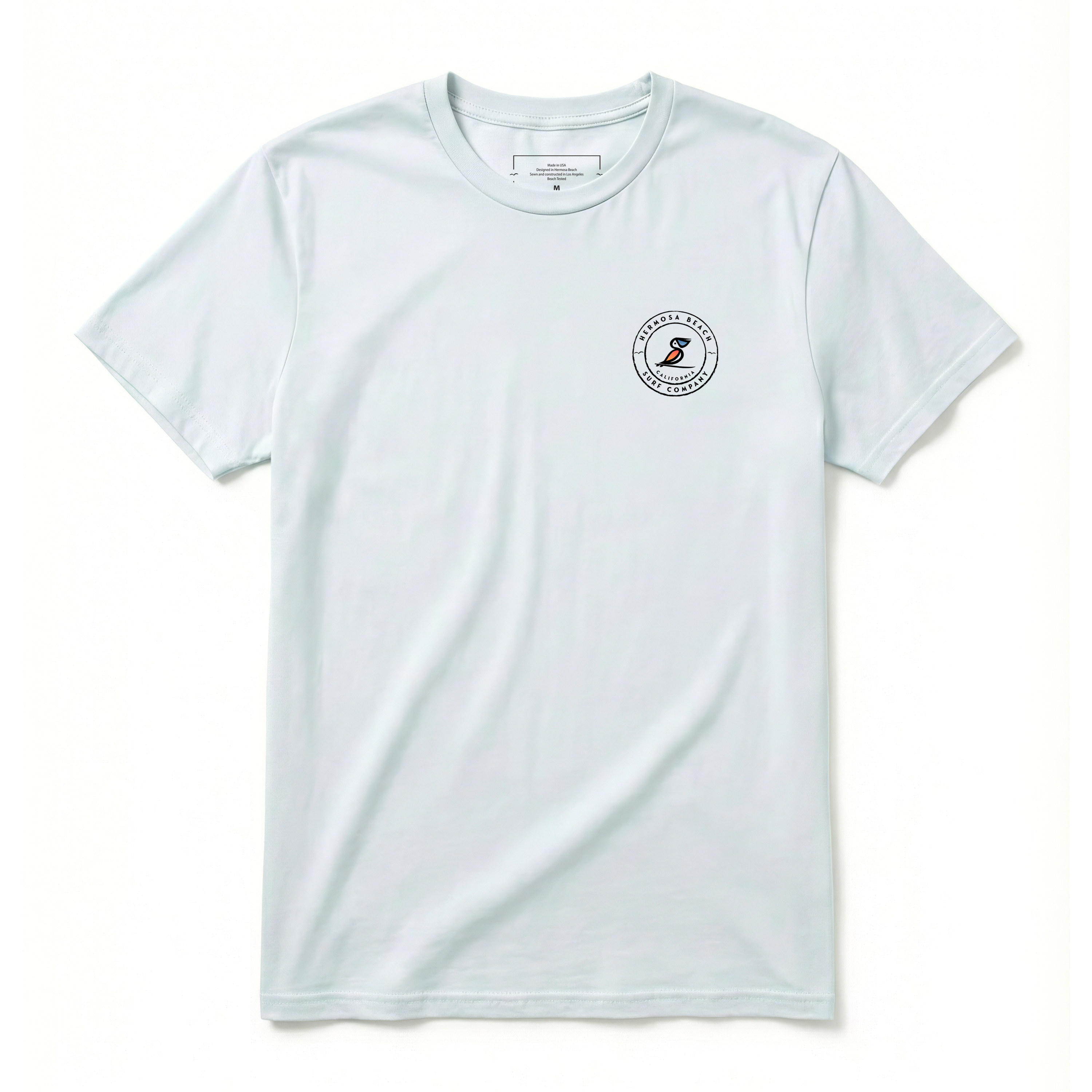 Dusty blue t-shirt with a logo on a white background