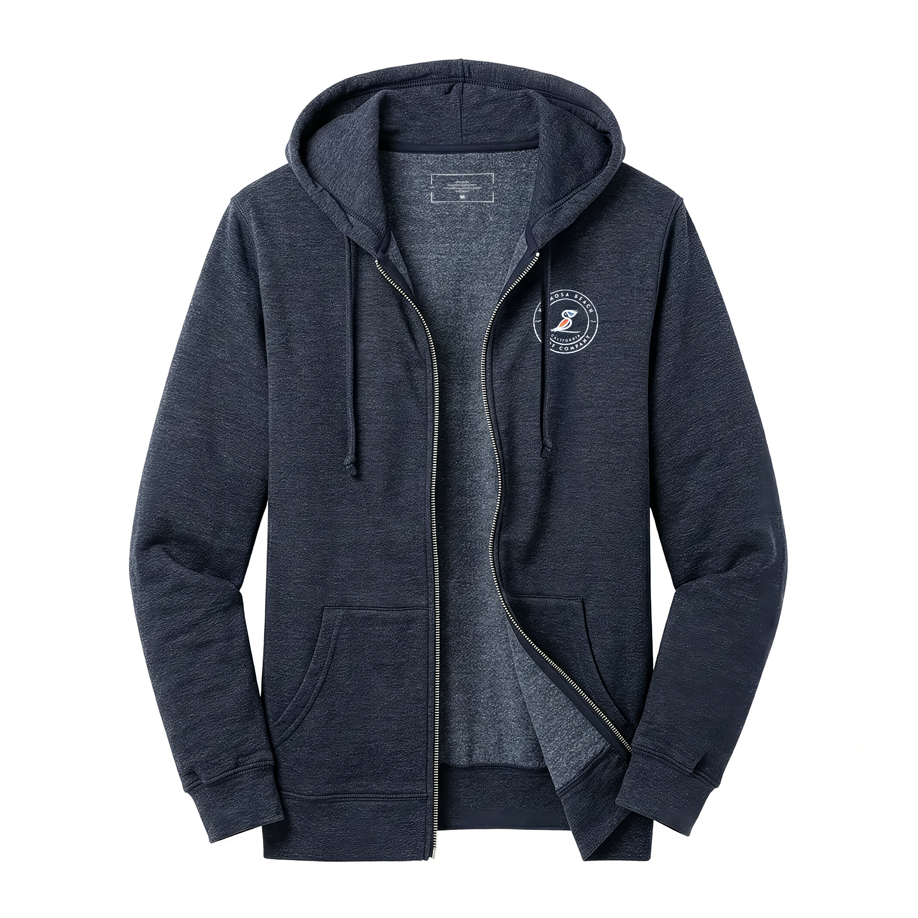 Navy blue hoodie with a logo on the chest against a white background