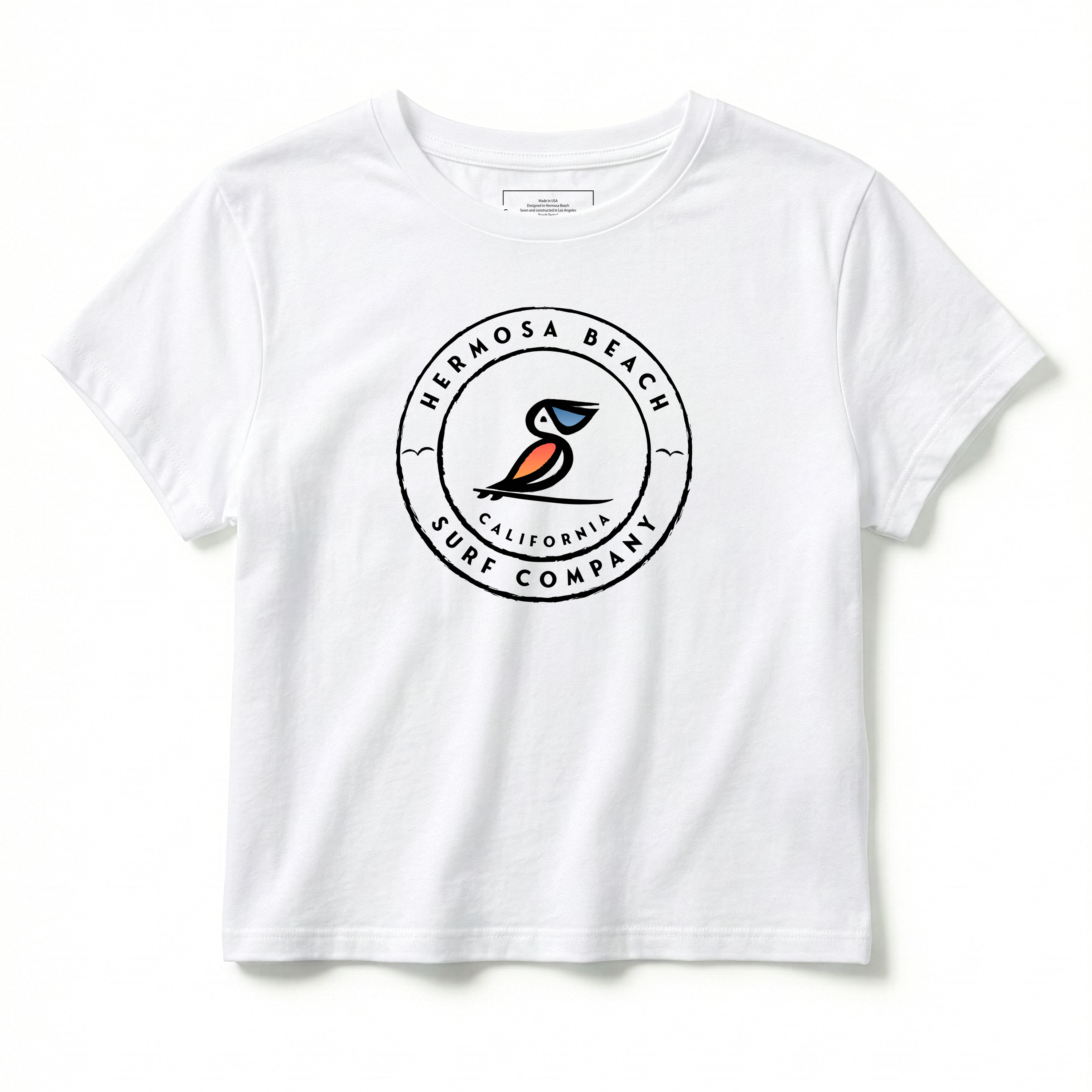 White t-shirt with a logo on a white background