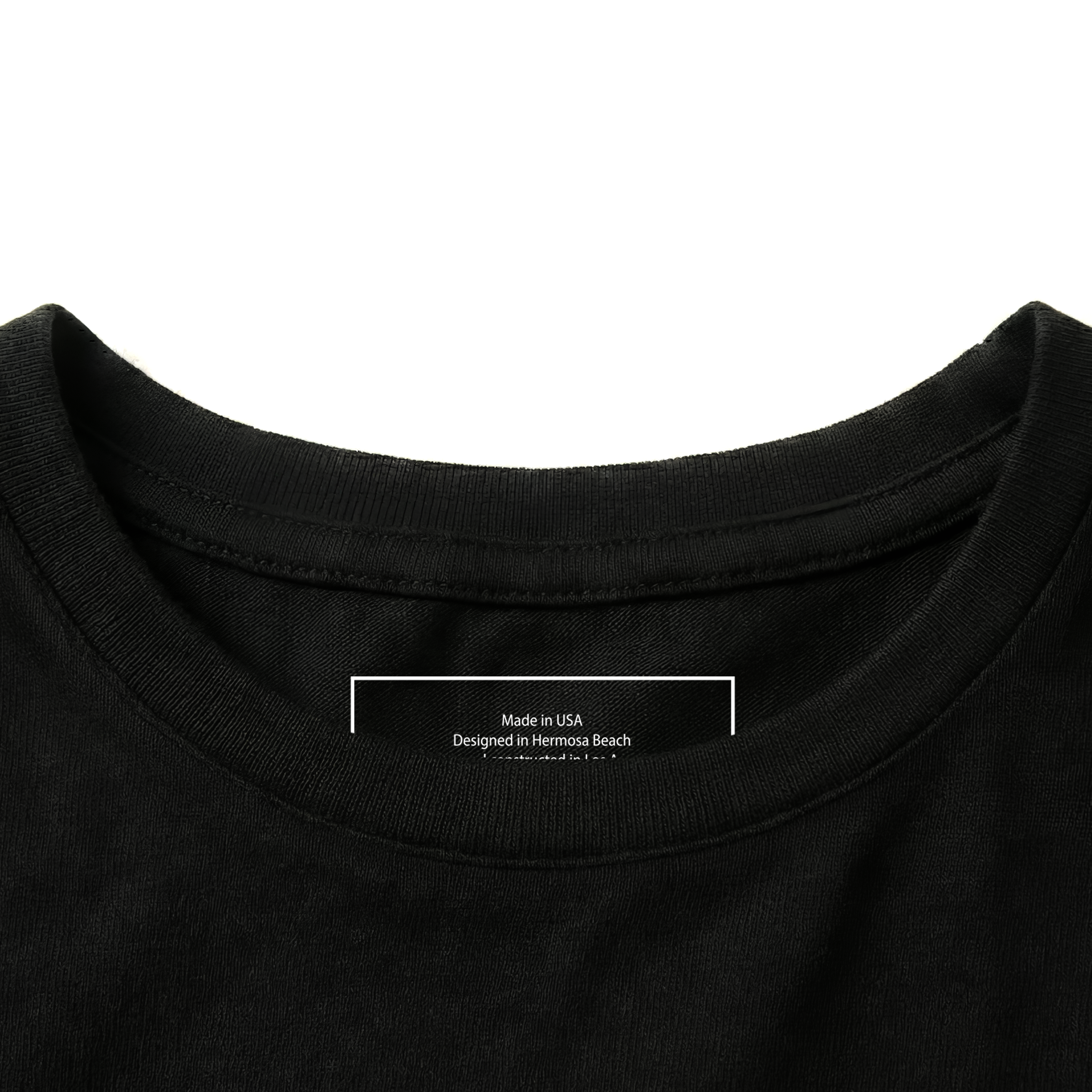Black t-shirt collar with a label on a white background