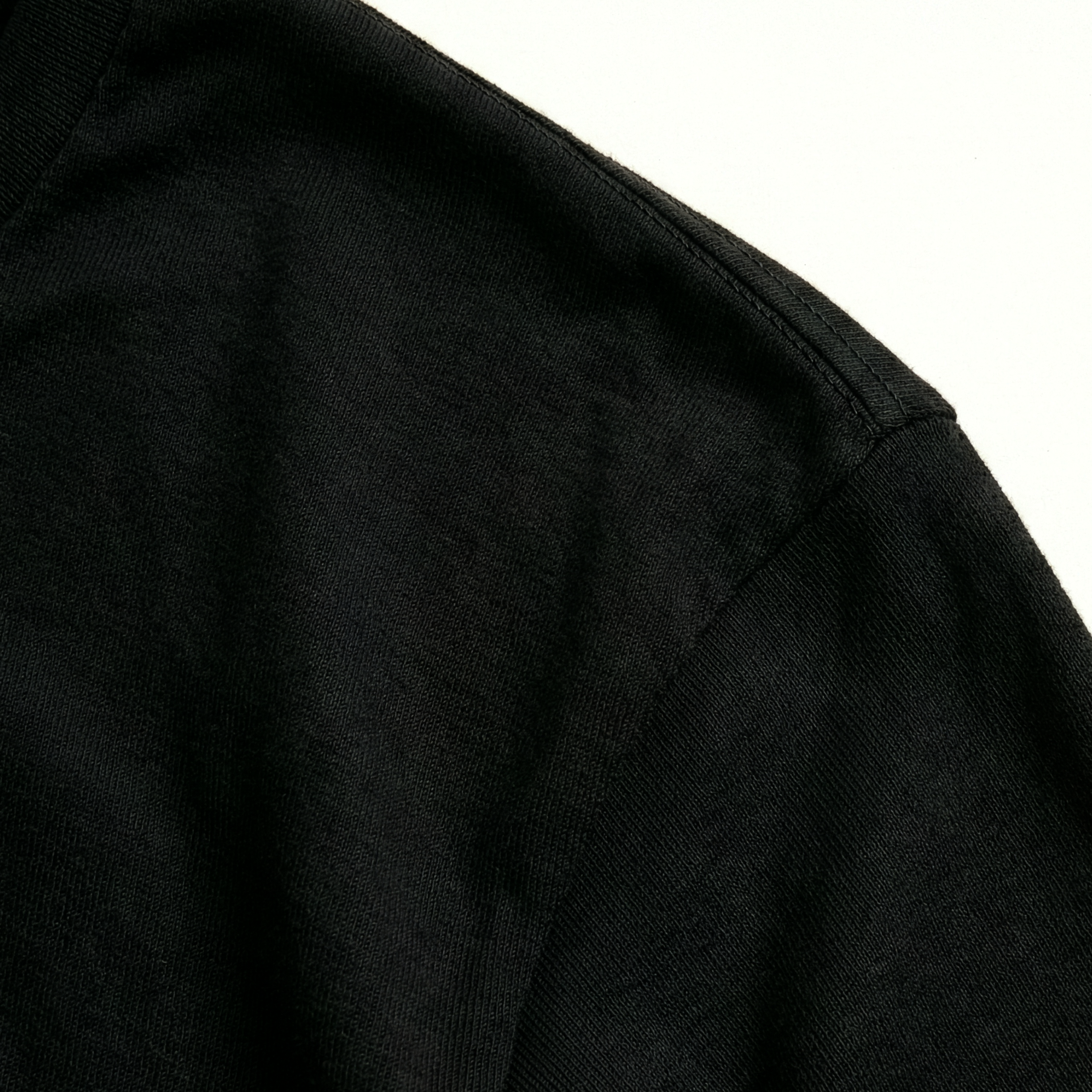 Close-up of a black jacket with a focus on the fabric texture.