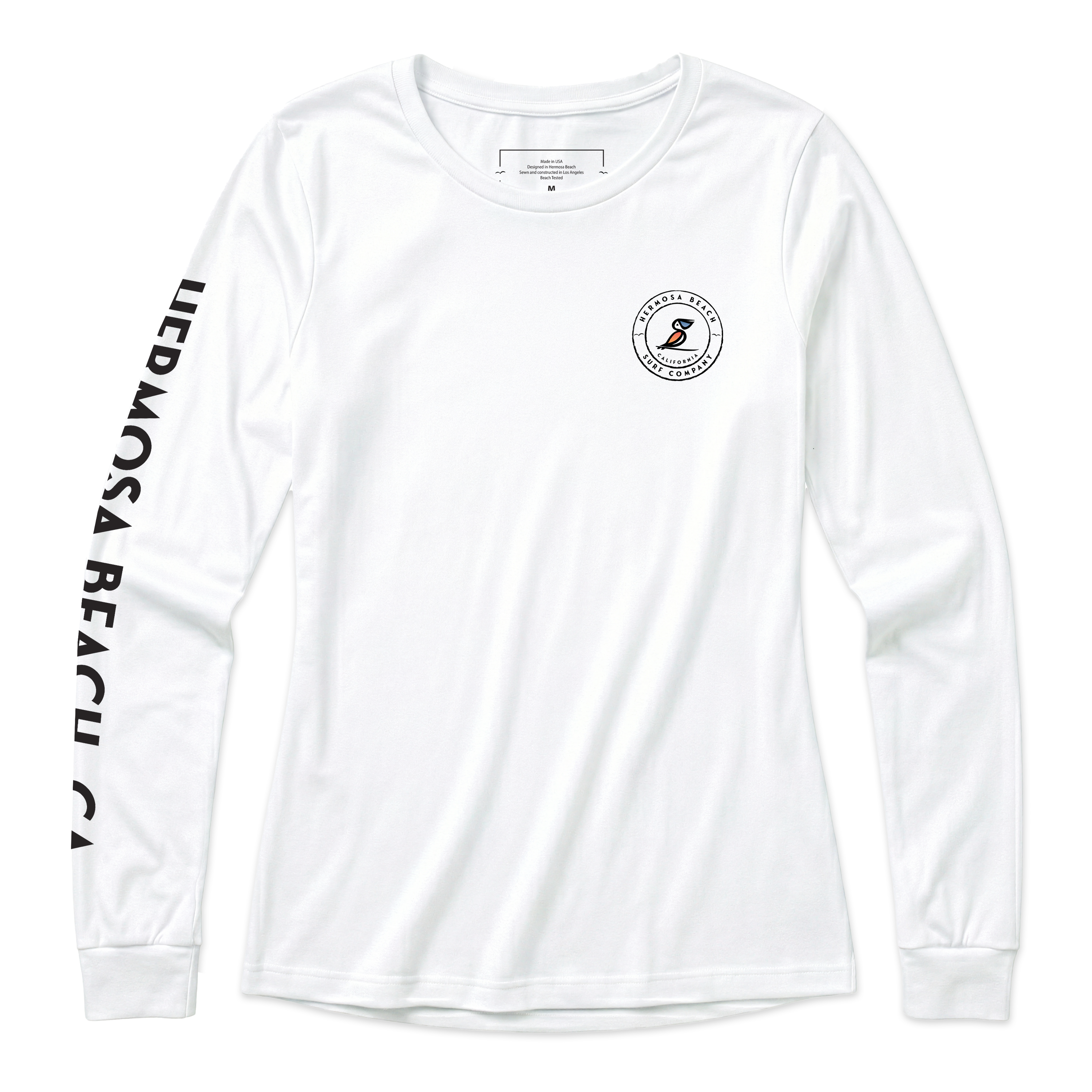 White long-sleeve shirt with branding on a white background