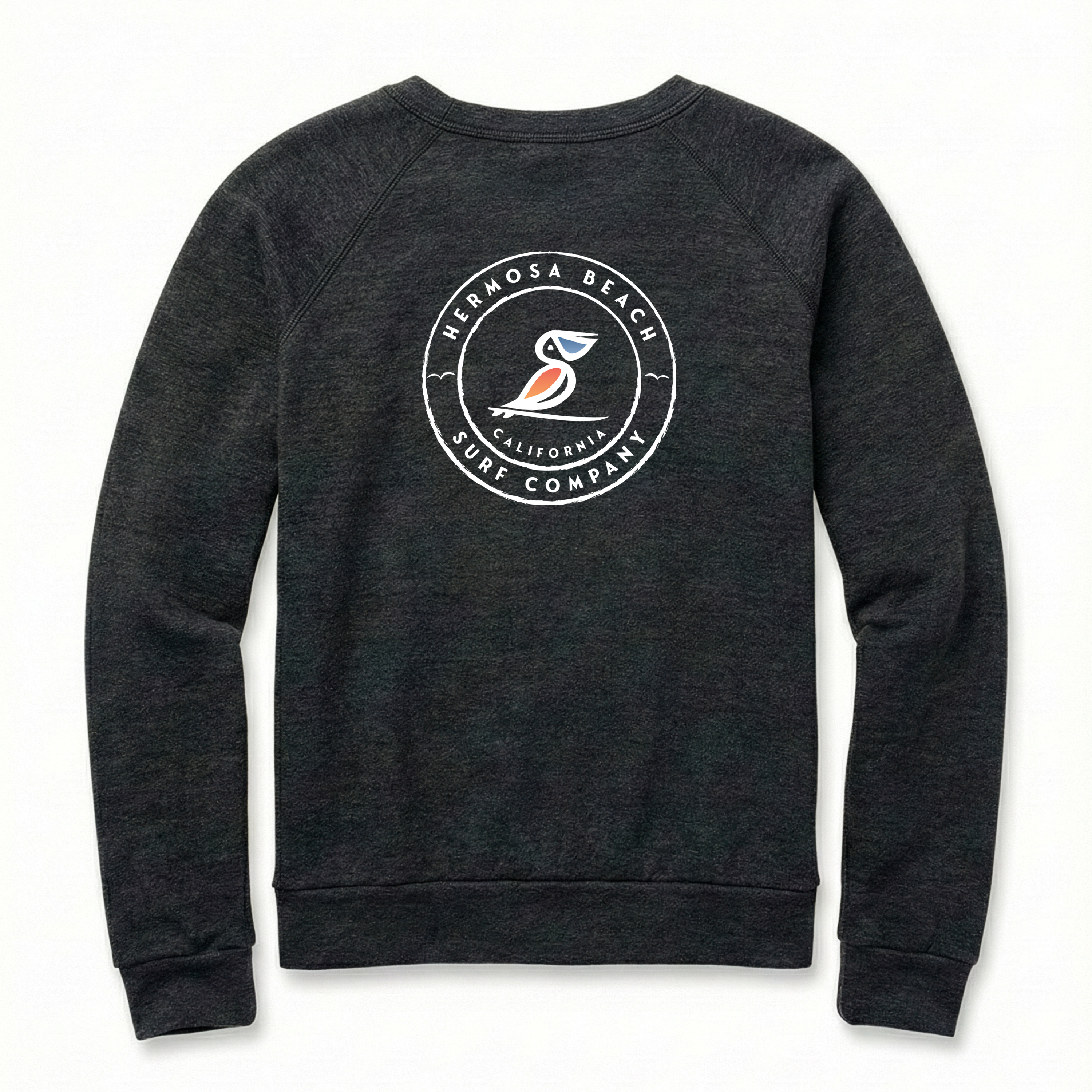 Grey sweatshirt with a logo on the back against a white background