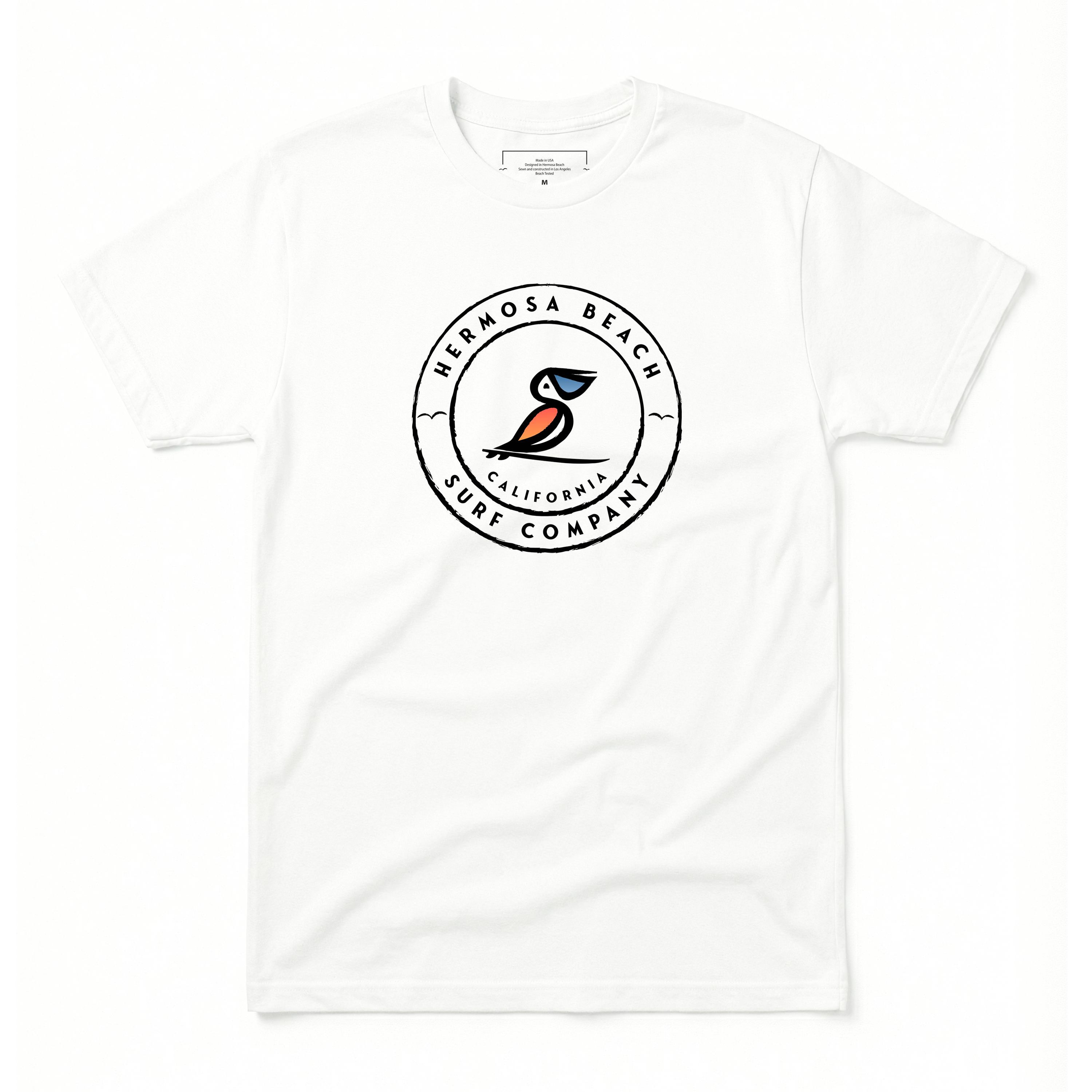 White t-shirt with Hermona Beach Surf Company logo on a white background