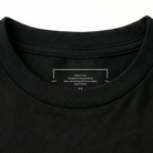 Close-up of a black t-shirt collar with text on a white background