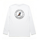 White long-sleeve shirt with a logo on the back against a white background