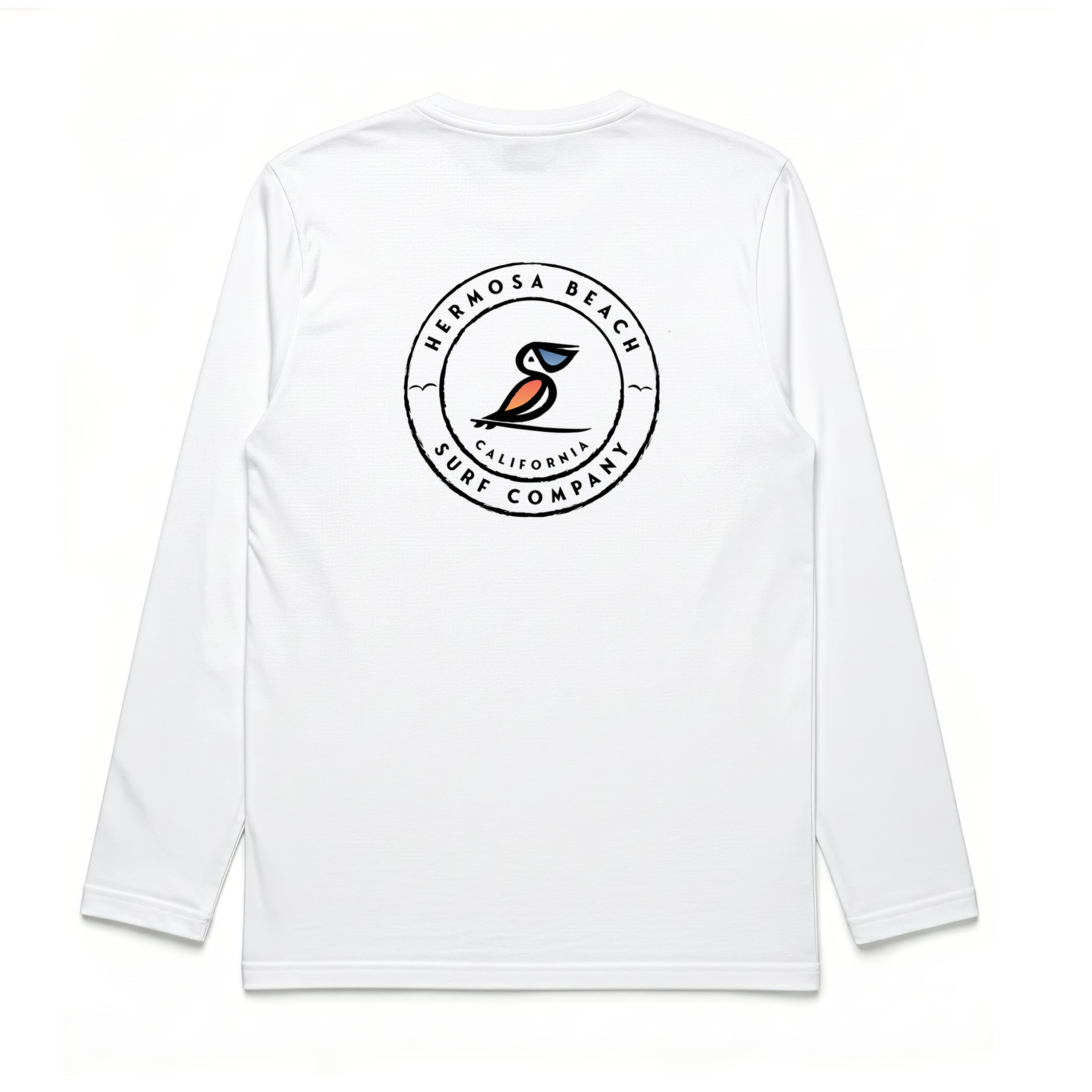 White long-sleeve shirt with a logo on the back against a white background