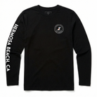 Black long-sleeve shirt with white text and logo on a white background