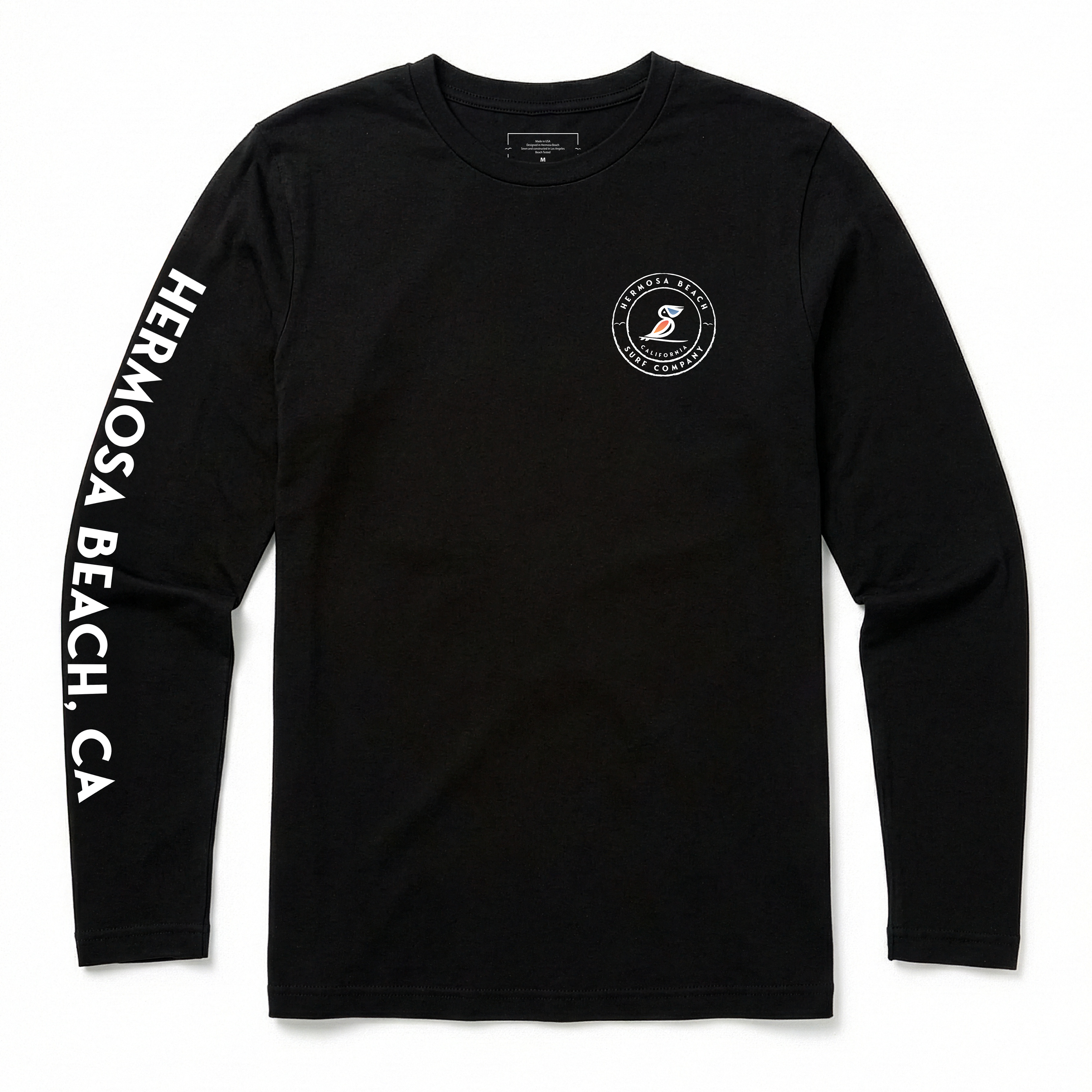 Black long-sleeve shirt with white text and logo on a white background