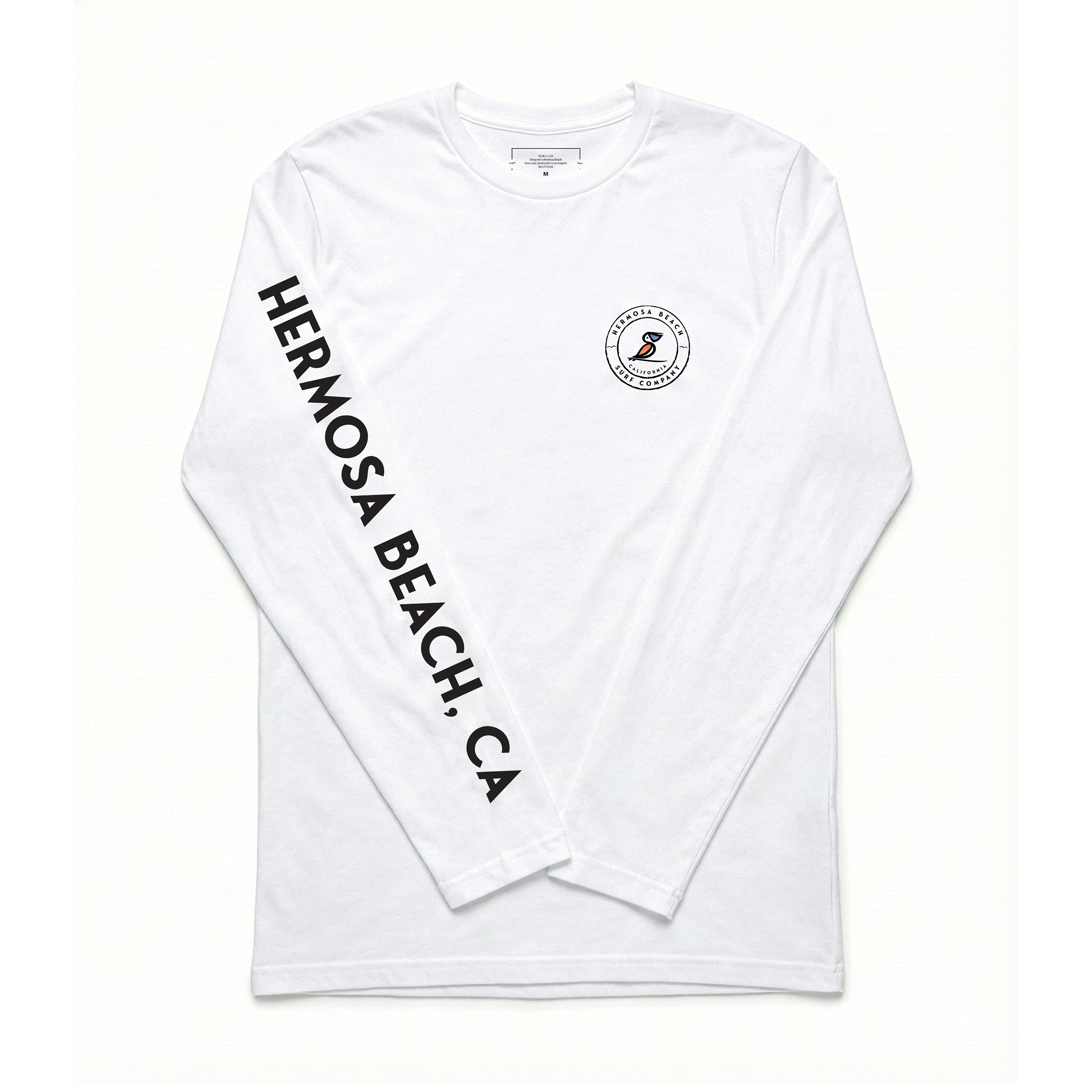 White long-sleeve shirt with 'Hermosa Beach, CA' text on a white background