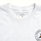 Close-up of a white shirt with a label and logo on a white background