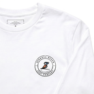 White long-sleeve shirt with a logo on the chest against a white background