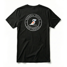 Black t-shirt with a logo on the back against a white background