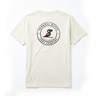 Cream t-shirt with a logo on the back on a white background