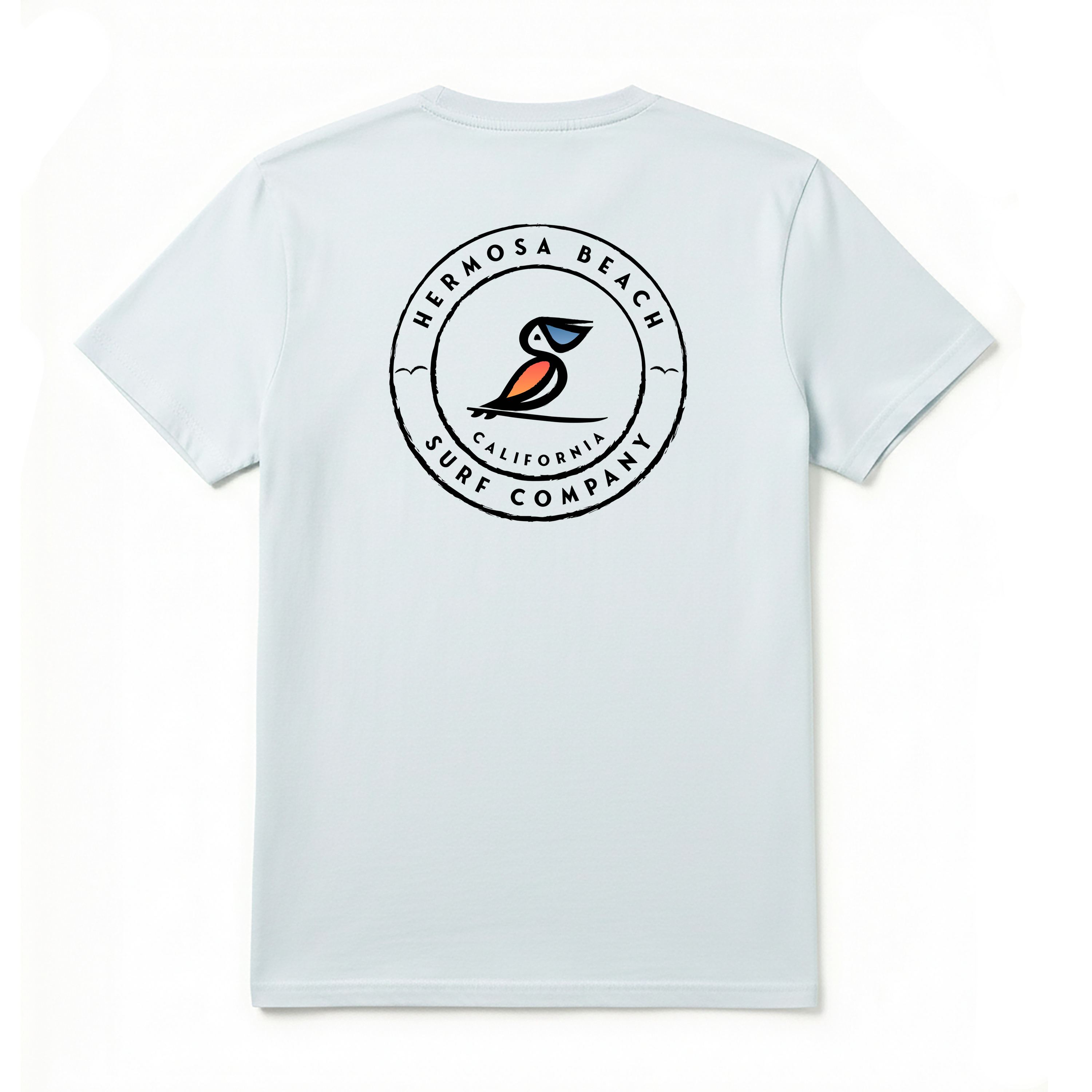 Dusty blue t-shirt with a logo on the back on a white background