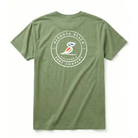 Olive Green t-shirt with a logo on the back on a white background