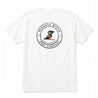 White t-shirt with a logo on the chest against a white background