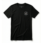 Black t-shirt with a small logo on the chest against a white background