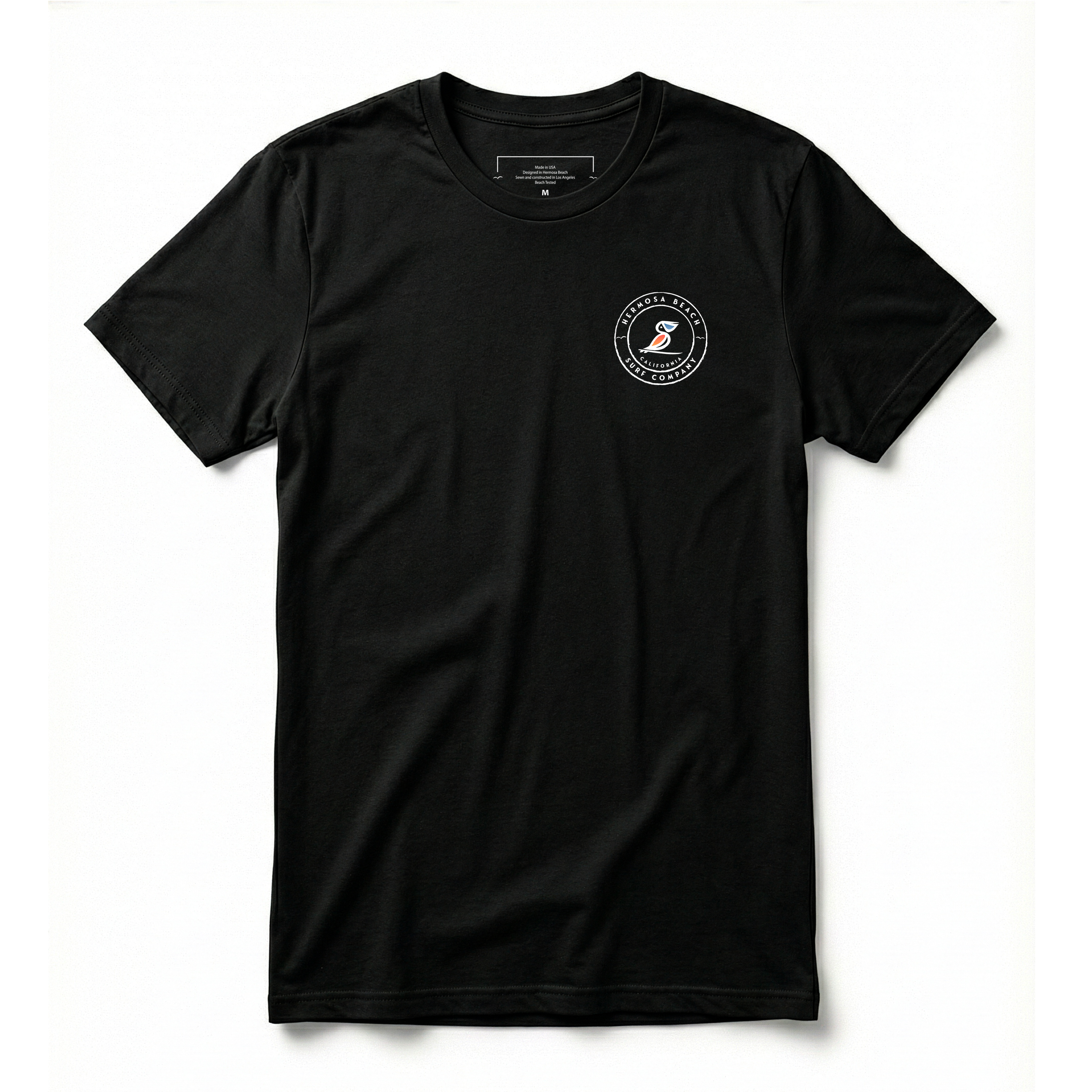 Black t-shirt with a small logo on the chest against a white background