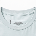 Close-up of a Dusty Blue t-shirt collar with text on a white background