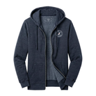 Navy blue hoodie with a logo on the chest against a white background