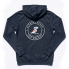 Navy hoodie with a logo on the back on a white background