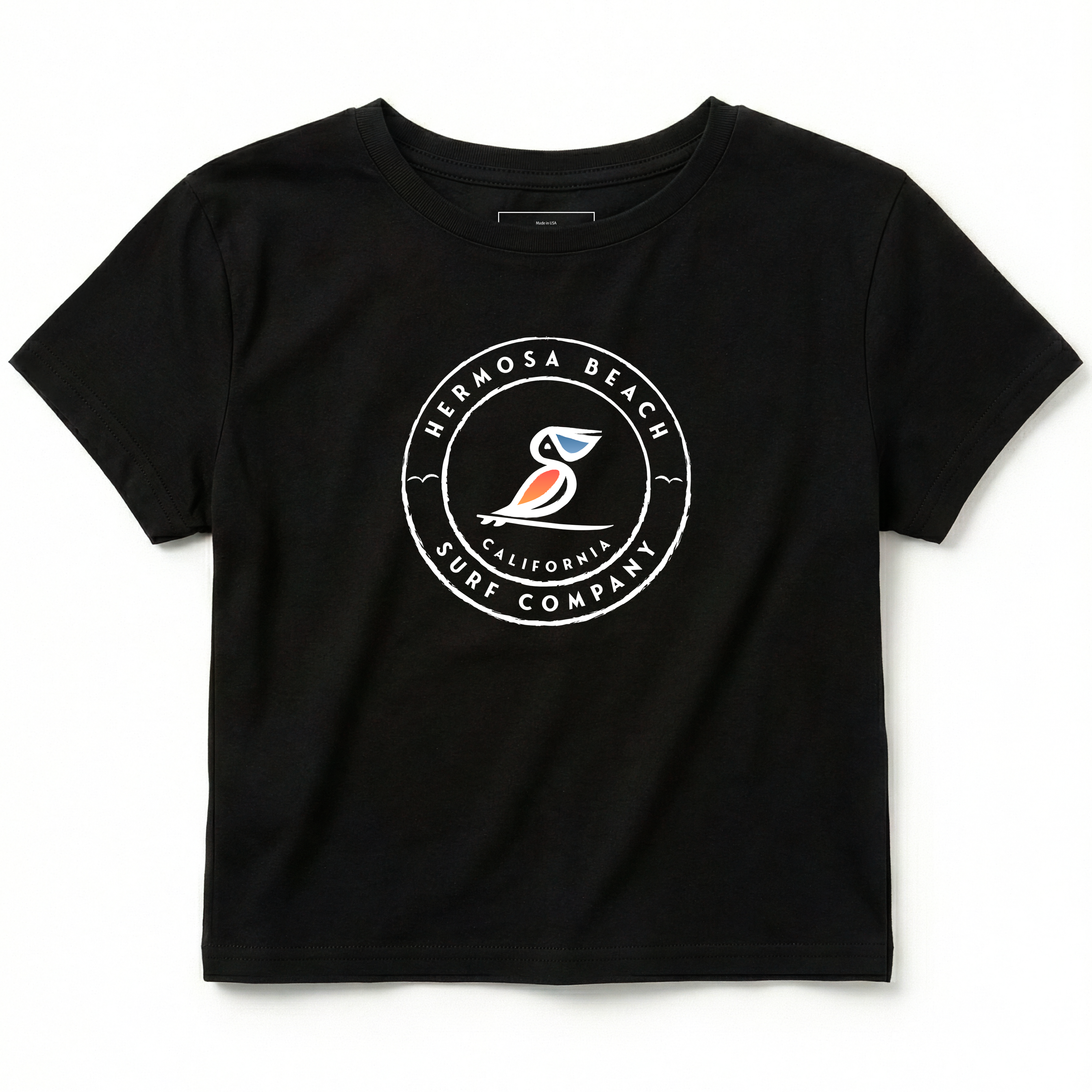 Black t-shirt with a logo on a white background