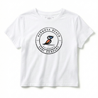 White t-shirt with a logo on a white background