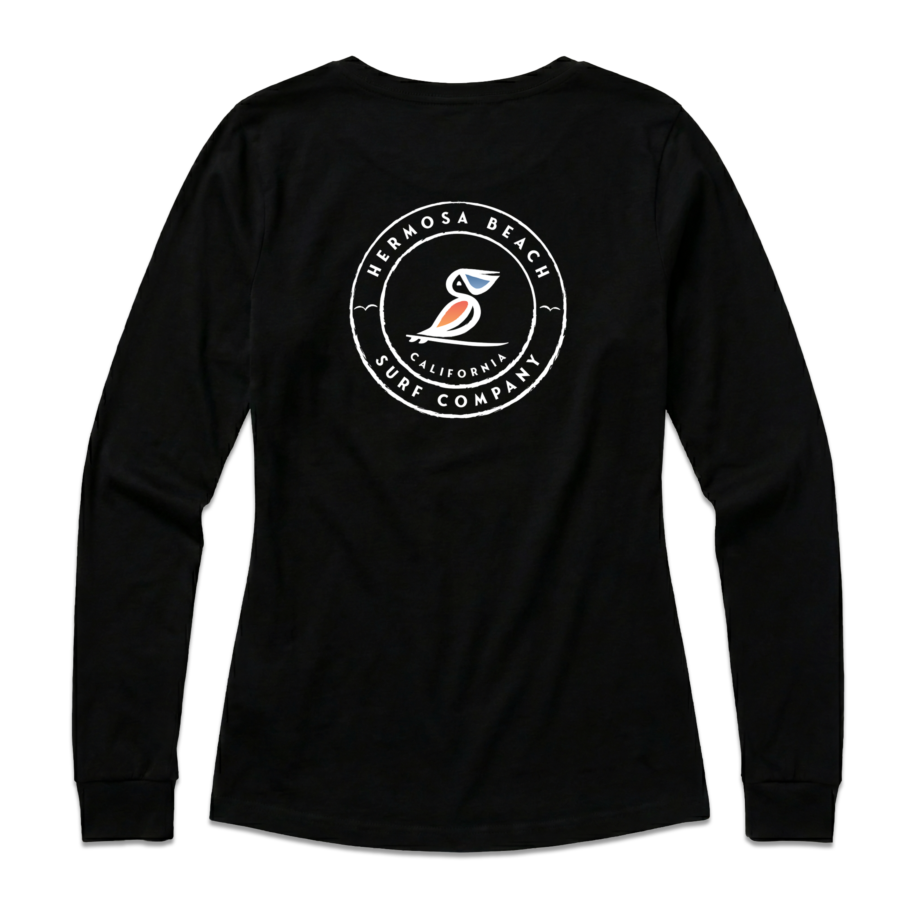 Black long-sleeve shirt with a logo on the back against a white background