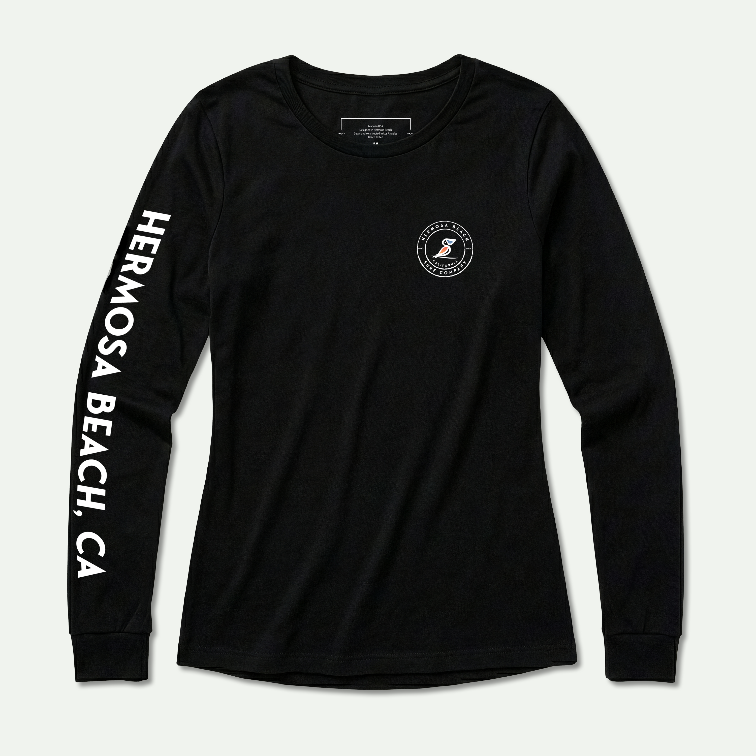 Black long-sleeve shirt with 'Hermosa Beach, CA' on sleeve and logo on chest against a white background