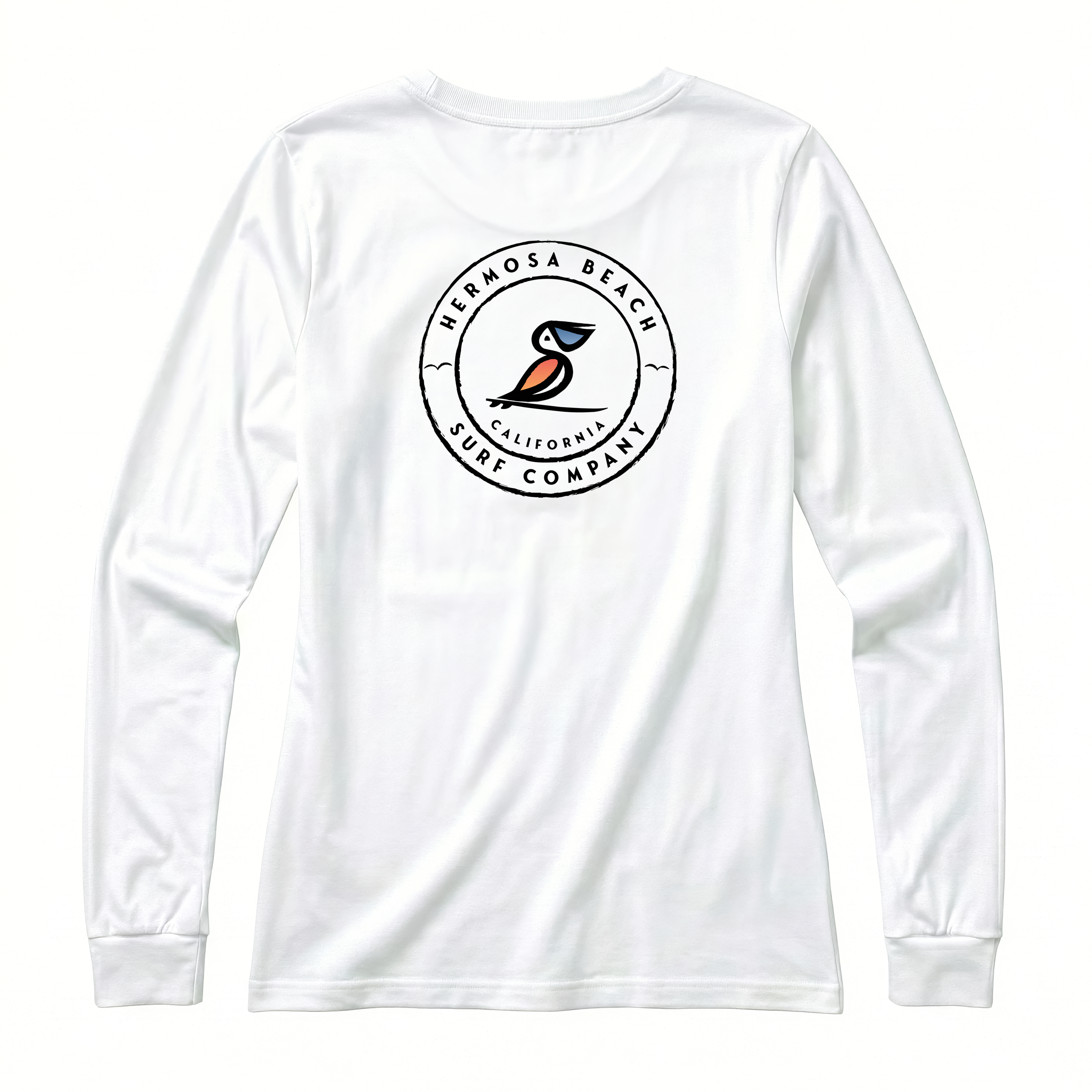 White long-sleeve shirt with a logo on the back against a white background