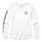 White long-sleeve shirt with branding on a white background