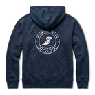 Navy blue hoodie with a logo on the back on a white background