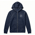 Navy blue hoodie with a logo on the chest against a white background