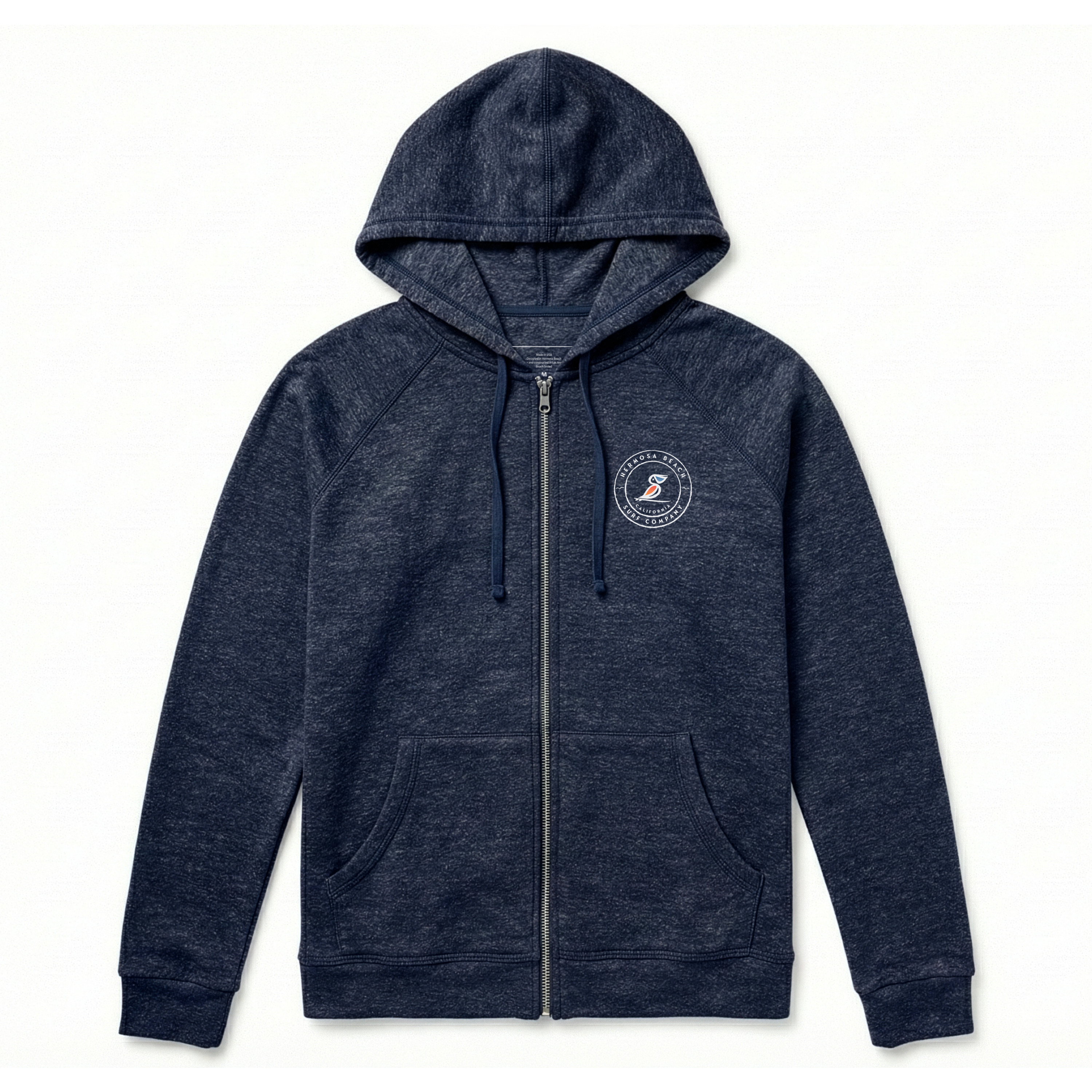 Navy blue hoodie with a logo on the chest against a white background